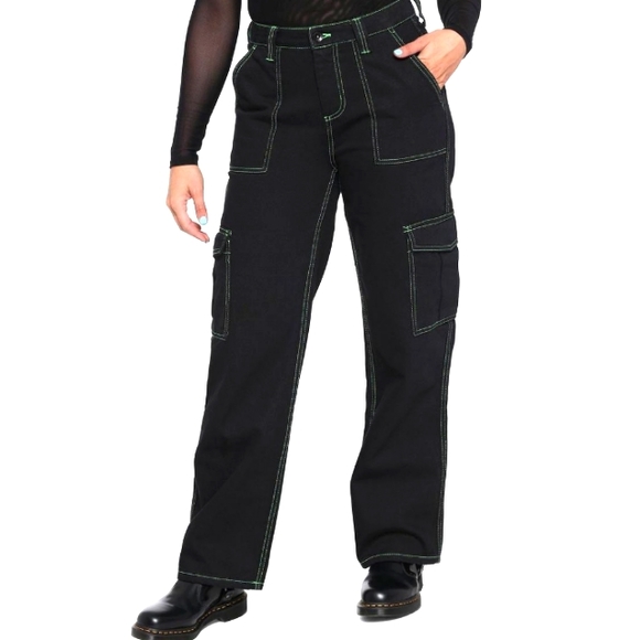 Hot Topic Pants - HT Denim Black & Green Stitch Hi-Rise Carpenter Pants size 22.